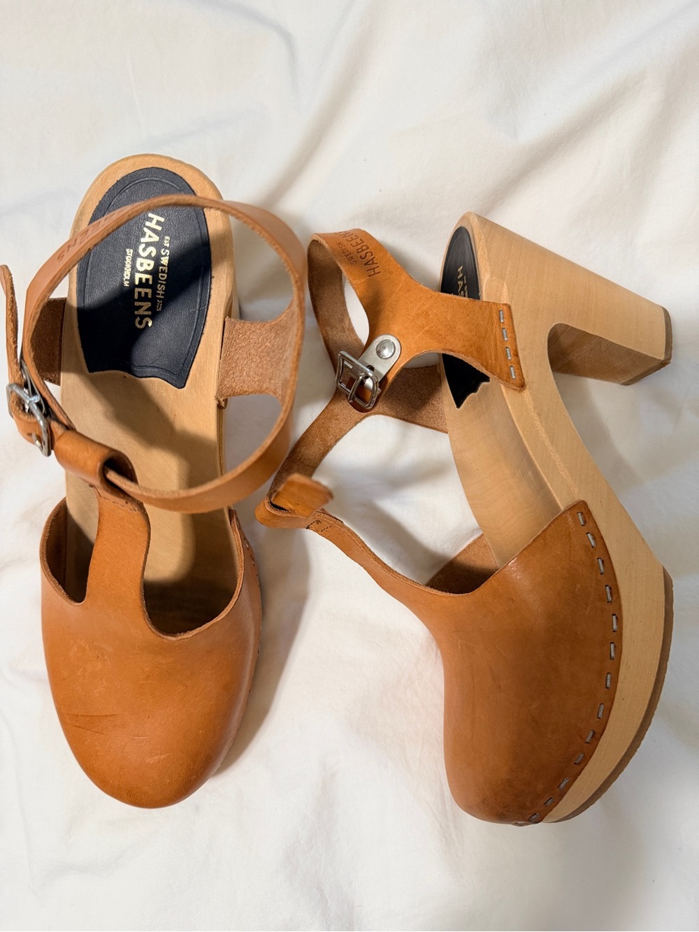 Swedish Hasbeens Cognac Leather Clog Sandals with Ankle Strap